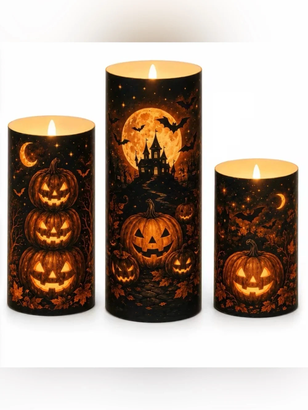 New Halloween LED Pillar Candle Set - Orange Pumpkin Design
